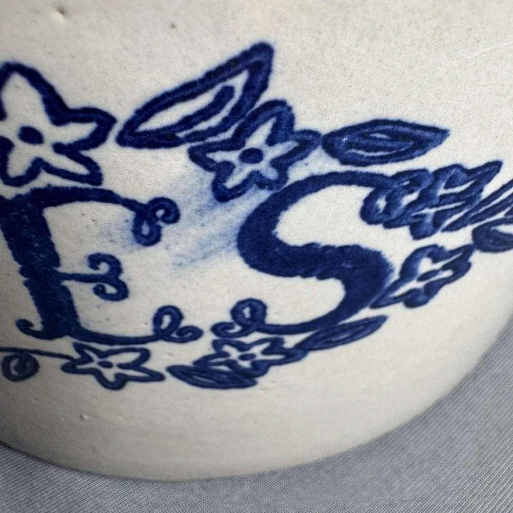 Vintage White Monmouth Pottery Stoneware Cookies cookie jar, Blue‎ Trim, No Lid